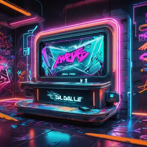 "Dall-E free credits", digital artwork, futuristic theme, neon lights, holographic display, credit cards, shiny metal surface, high-tech laboratory, minimalistic background, abstract shapes, glowing l