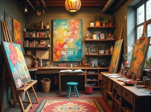 atelier,bohemian art,creative office,workspace,work space,study room,art academy,boho art,working space,boho art style,loft,art tools,workroom,in a studio,watercolor shops,artist color,art gallery,studio,dream art,aqua studio,Photography,General,Realistic