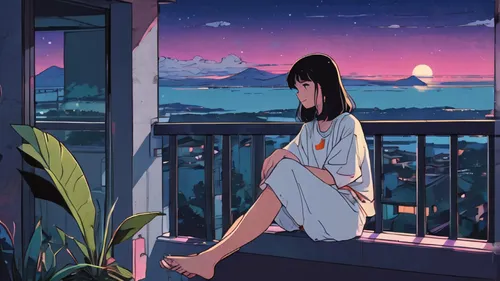 summer evening,window sill,windowsill,rooftop,bedroom window,night-blooming jasmine,evening atmosphere,balcony,芦ﾉ湖,in the evening,rooftops,dusk,scenery,on the roof,dusk background,moonlight,summer sky,peaceful,clear night,shirakami-sanchi,Illustration,Japanese style,Japanese Style 06