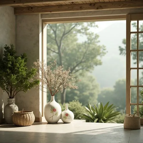 windowsill,window sill,country cottage,home landscape,houseplants,sunroom,house plants,hanging plants,flower vases,home corner,ikebana,render,summer cottage,balcony garden,houseplant,garden pot,summer still-life,3d render,kitchen garden,cottage garden