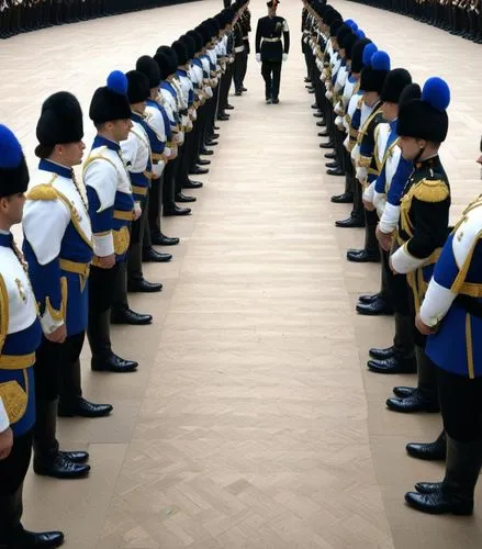 Haie d’honneur du nouveau Prince des Gaules  
,a parade of guards and officers standing in a large hall,regimentation,regiments,regiment,regimental,escadrille,corps