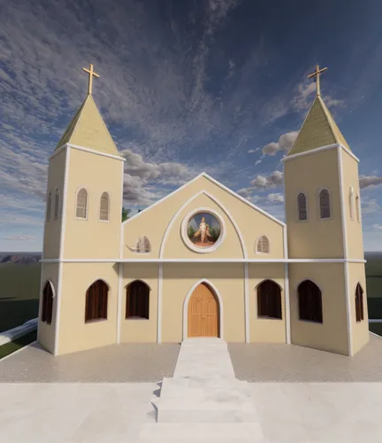 a small church with a beautiful blue sky behind it,medjugorje,schoenstatt,catholicosate,santuario,minor basilica,gandzasar