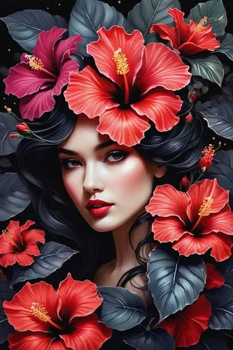 red dahlia,girl in flowers,red petals,splendor of flowers,viveros,red hibiscus,Illustration,Realistic Fantasy,Realistic Fantasy 15