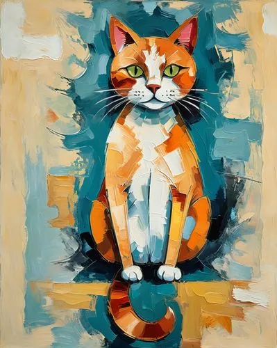 calico cat,orange tabby cat,orange tabby,cat portrait,cat on a blue background,calico,Art,Artistic Painting,Artistic Painting 42