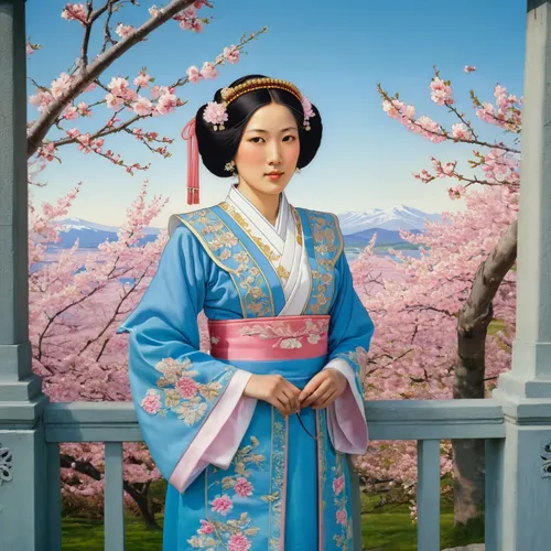 An Chinese woman in traditional dress. She wears an ornately decorated headdress with pink and white flowers. Her costume is light blue and pink with fine embroidery patterns. In the background is a f