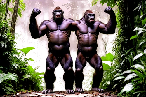 Gorilla, ape, primate, fur, brown eyes, nostrils flaring, open mouth, sharp teeth, loud screaming, aggressive posture, muscular arms, thick legs, standing on hind legs, dark green jungle background, w