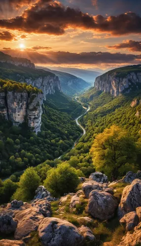 Photo wallpaper the sky, clouds, trees, mountains, rocks, France, height, home, the evening, valley, panorama, gorge, the …,gorges of the danube,danube gorge,ravine red romania,beech mountains,landsca