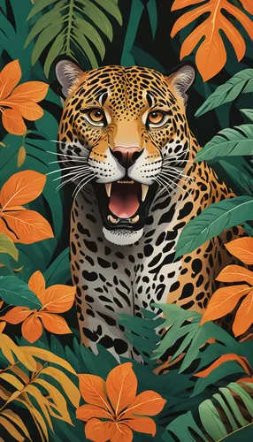 Jaguar in a jungle with foliage for decorative print, in the style of deborah azzopardi, close-up intensity, jon mcnaught, animated illustrations, agustín fernández, orange and brown, captivating visu