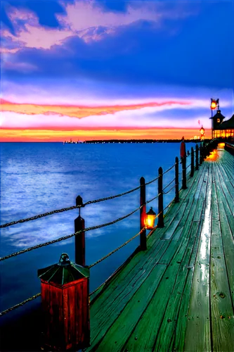 Grand Haven South Pier, sunset, Lake Michigan shoreline, wooden planks, rusty railings, lanterns, sailboats in distance, seagulls flying overhead, warm golden lighting, 3/4 composition, shallow depth 