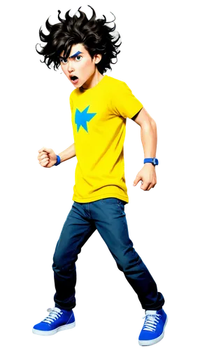 Cartoon character, electrocuted, shocked face, blue sparks, smoke rising from hair, wild messy hair, bright yellow shirt, torn black pants, white socks, black shoes, standing, dramatic pose, comic boo