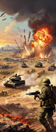 battle scene, soldiers in combat, dynamic poses, explosions, smoke, war-torn landscape, tanks, rifles, military uniforms, helmets, muddy terrain, barbed wire, dramatic sky, intense facial expressions,