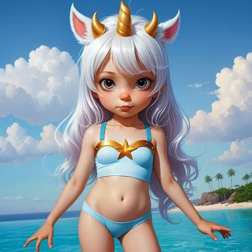 white background,a cartoon girl with white hair and a cat nose wearing a bikini,kerli,merfolk,nui,nancie,zooey,anime 3d,Illustration,Children,Children 02