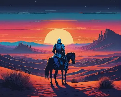 desert,desert background,dusk background,the desert,horseman,beautiful wallpaper,semidesert,conquistador,dusk,westworld,man and horses,barsoom,nomad,desert landscape,filoni,horizon,the wanderer,lone warrior,ranger,unicorn background,Conceptual Art,Sci-Fi,Sci-Fi 12