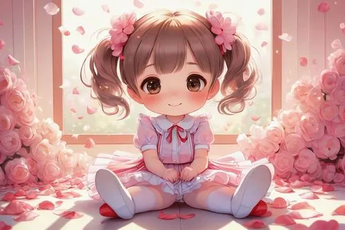 Chibi girl, cute, youthful, big eyes, bright smile, small nose, pink cheeks, twin tails, short sleeves, pleated skirt, white socks, red shoes, sitting, knees together, hands clasped, flower petals aro