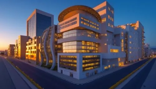 an image of a modern office building at sunset,manama,ajman,mubadala,masdar,largest hotel in dubai,rotana,Photography,General,Realistic