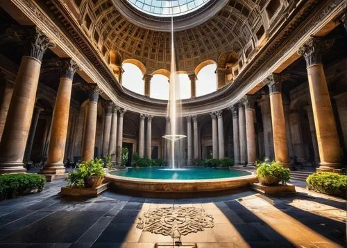 floor fountain,glyptotek,roman bath,baptistry,pantheon,marble palace,glyptothek,cistern,vatican museum,baptistery,mikvah,archly,vatican,egyptian temple,atriums,peristyle,hamam,colonnaded,quannum,fountain,Illustration,Realistic Fantasy,Realistic Fantasy 46