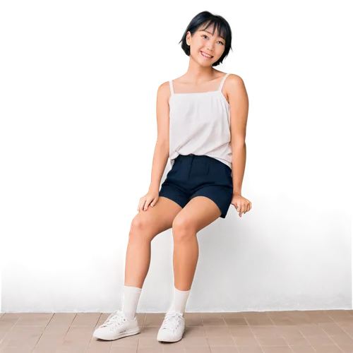 Japanese girl, casual wear, bare shoulders, short black hair, sweet smile, soft facial expression, gentle makeup, slender legs, white socks, sneakers, relaxed posture, leaning against wall, natural li