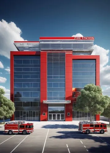 Modern fire station, grand architectural design, vibrant red and silver color scheme, intricately designed façade, large glass windows, sliding doors, emergency vehicle parking, helipad on rooftop, su