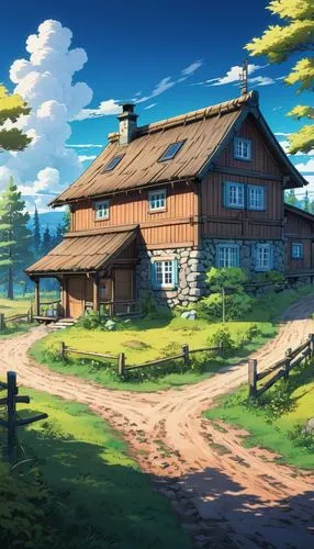 butka,red barn,farmhouse,farm house,log cabin,summer cottage,country cottage,farmstead,countryside,wooden house,country estate,log home,farm background,barn,country house,country side,rural,wooden houses,home landscape,alpine village,Illustration,Japanese style,Japanese Style 03