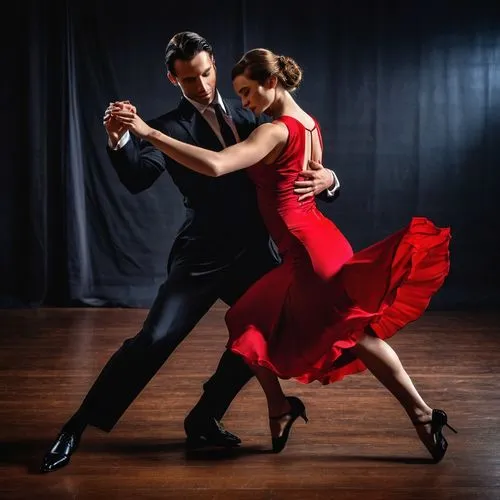 Artistas talentosos. Hermosos jóvenes, hombre y mujer, ejecutando un tango apasionado sobre un fondo negro de estudio. La seda del vestido rojo de la mujer contrasta con el traje negro del hombre, mie