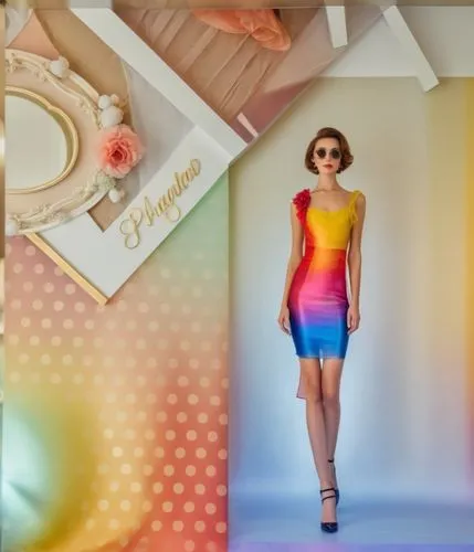 a model in multi - colored dress and sunglasses in front of bright wall,courreges,siriano,fashiontv,technicolour,moschini,prismatic,Photography,General,Realistic