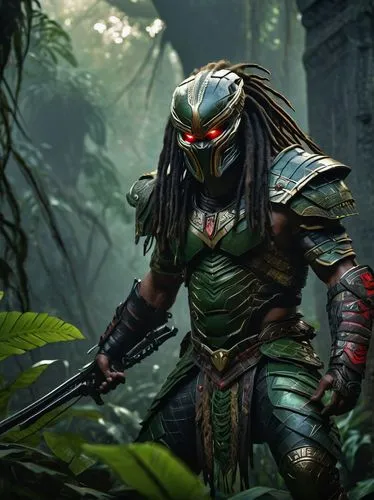 Yautja, Predator, muscular, green skin, dreadlocks, facial scars, sharp teeth, intricate armor, metallic, worn leather, tribal patterns, glowing red eyes, intense stare, hunting pose, jungle environme