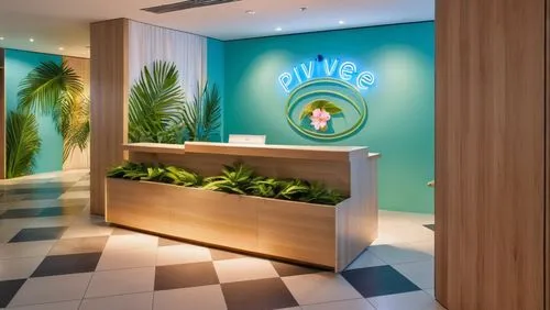 A bright and vibrant summer-themed golf wear pop-up store counter. The counter is decorated in striking blue and green tones, and the front displays small items designed to encourage impulse purchases