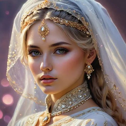 bridal jewelry,bridal accessory,bridal,bridal clothing,bride,bridal dress,romantic portrait,indian bride,diadem,golden weddings,wedding dresses,silver wedding,sun bride,romantic look,blonde in wedding dress,fantasy portrait,wedding dress,jessamine,wedding gown,mystical portrait of a girl,Illustration,Realistic Fantasy,Realistic Fantasy 32