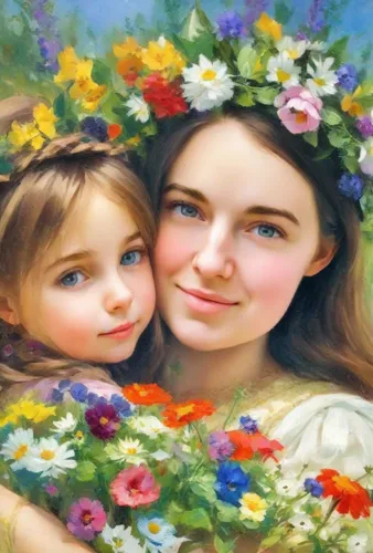 A seven-year-old blonde daughter in the arms of a young brunette mother. They look at us and smile. There are wreaths with bright wildflowers on the head. Image in the style of Boris Kustodiev. Multil