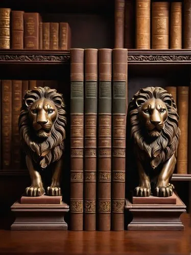 ornate architectural bookends, ancient Greek style, intricately carved stone, lion's head, acanthus leaves, ornate details, brown wooden shelf, old leather-bound books, golden lettering, dim library l