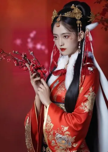 the woman with long black hair is wearing red,sanxia,kunqu,hanfu,diaochan,jingqian,oiran