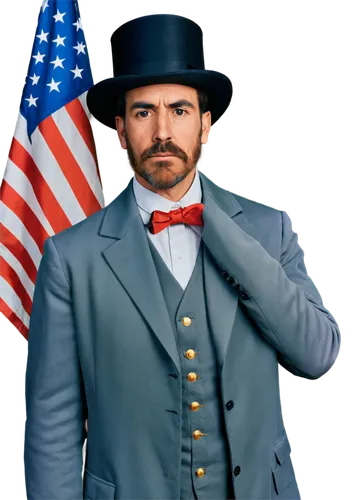 Confederate general, Civil War era, formal attire, gray coat, golden buttons, white shirt, black tie, top hat, beard, mustache, serious expression, standing pose, American flag in background, warm lig