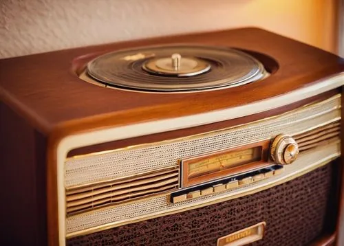 Retro-style slider, vintage radio, wooden cabinet, intricate carvings, metallic knobs, brown leather strap, worn-out surface, warm lighting, cozy atmosphere, nostalgic feeling, 1950s American living r