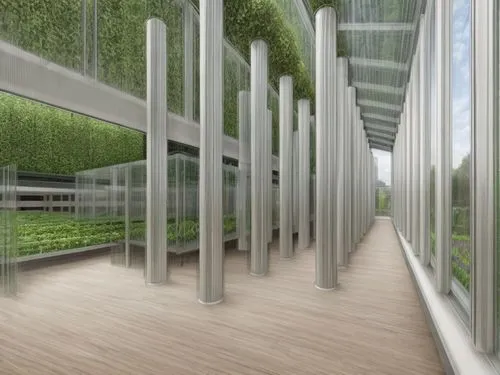 vertical farm, garden, plants, grow beds, diffused lighting, vegetated room, greenhouse, foggy glass windows, glass top, tile bottom, glass ceiling, glass walls, plants in trays on the left, 
,hahnenf