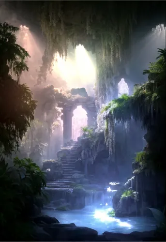 fantasy landscape,cartoon video game background,karst landscape,landscape background,rain forest,rainforest,futuristic landscape,cave on the water,wasserfall,green waterfall,elven forest,water mist,maya civilization,fantasy picture,waterfall,crescent spring,greenforest,background images,mountain spring,waterfalls