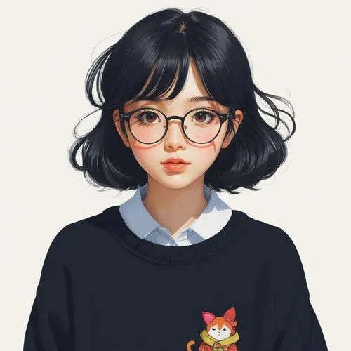 女生，眼镜，黑色毛衣，卡通，日本动漫，动漫，插画，扁平插画,a woman with black hair wearing glasses and a cat sweater,shizuku,digital painting,girl portrait,ghibli,sumiala,hiroko,Illustration,Japanese style,Japanese Style 16