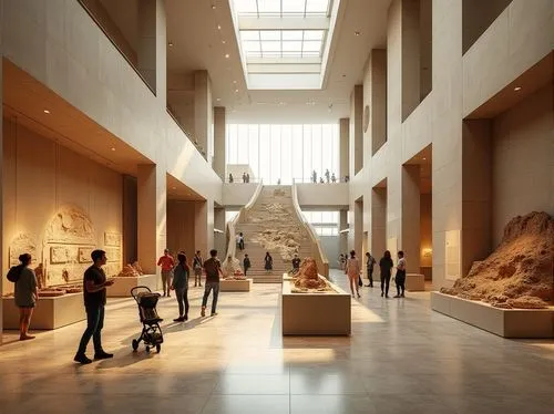 Museum interior, modern architecture, grand staircase, plateau-inspired exhibit space, natural stone walls, wooden floors, geometric patterns on floor tiles, large glass ceiling, soft diffused lightin