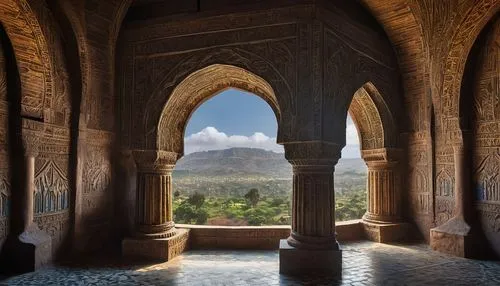 Rock-cut architecture, Ethiopia, ancient, historical, stone carved walls, intricate wooden doors, colorful stained glass windows, ornate frescoes, grand entrance, pillars, arches, domes, vibrant color