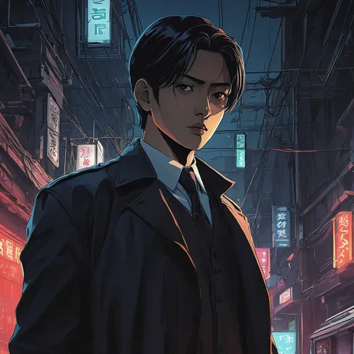 detective,yukio,chinatown,hong,sci fiction illustration,han thom,game illustration,agent,cg artwork,spy visual,china town,businessman,business man,taipei,overcoat,kowloon,would a background,luo han guo,ren,main character,Illustration,Japanese style,Japanese Style 09