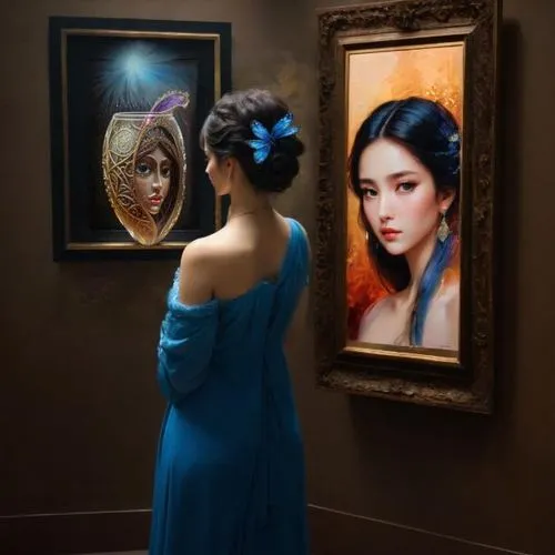 mystical portrait of a girl,art gallery,doll looking in mirror,magic mirror,the mirror,emile vernon,fantasy portrait,jasmine blue,romantic portrait,vintage art,paintings,blue room,photo painting,world