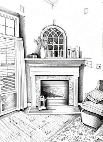 TURN THIS INTO AN ARCHITECTURAL CONCEPT SKETCH GIVE LESS DETAIL OUTSIDE THE FIREPLACE AREA
,a black and white sketch of a living room,sketchup,3d rendering,fireplace,living room,house drawing,sitting 