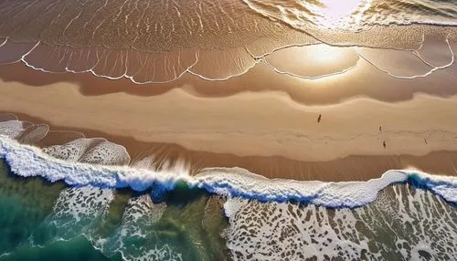 The camera looks down from a bird's-eye view, showing a stretch of golden sandy beach. The sun is shining, the waves are lapping at the shore, and the entire beach presents a peaceful and beautiful sc