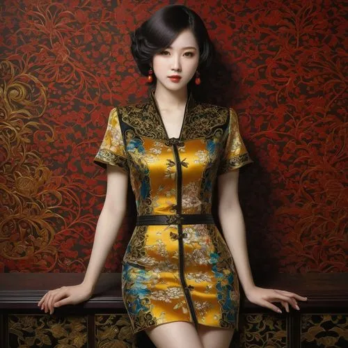 cheongsam,qipao,oriental girl,oriental painting,oriental princess,vintage asian,yasumasa,sichuanese,geisha girl,xiaofei,yellow wallpaper,suzong,jianying,heungseon,geiko,zuoying,japanese woman,xuebing,tretchikoff,japanese doll,Illustration,Realistic Fantasy,Realistic Fantasy 08