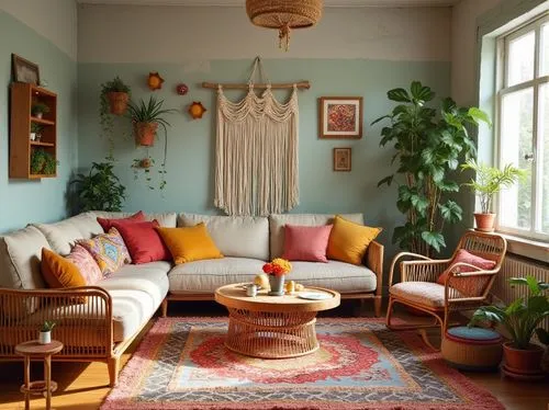 Boho-Chic Living Room with Layered Rugs and Rattan Furniture
A vibrant boho-chic living room featuring an eclectic mix of layered rugs, colorful cushions, and rattan furniture. Indoor plants fill the 