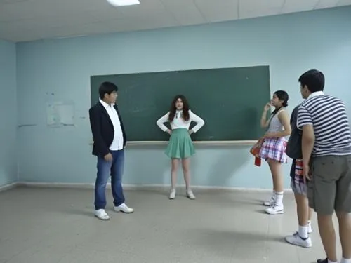 group of young people standing near a chalkboard in an empty room,guesdon,dongjin,video scene,pledis,class room,lakorn