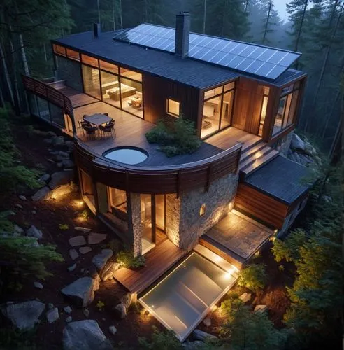 house in the forest, facade with tree, night fog around,a house that is very nice with the light on,forest house,house in the mountains,the cabin in the mountains,house in mountains,beautiful home,hou