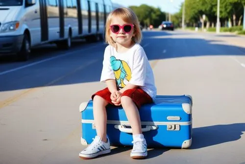 the little girl sits on a suitcase in the road,suitcase,tourister,blue pushcart,the girl at the station,crj,hitchhike