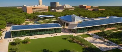 Texas, modern university campus, beautiful detailed buildings, glass facades, steel frames, concrete structures, green roofs, water features, walking paths, lush trees, students chatting, backpacks, l