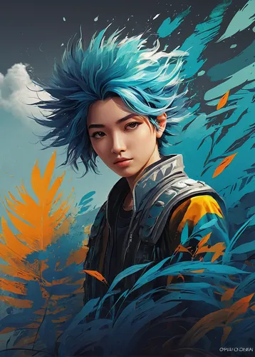 blue chrysanthemum,world digital painting,killua hunter x,2d,noodle image,fantasy portrait,knapweed,safflower,transistor,portrait background,killua,aquanaut,dandelion,mohawk,helianthus,chrysanths,tracer,little girl in wind,gale,avatar,Illustration,Japanese style,Japanese Style 05