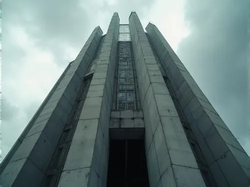 Brutalist skyscraper, concrete material, rugged texture, geometric structure, fortress-like shape, imposing presence, urban jungle setting, cloudy sky with dramatic lighting, strong contrast between l